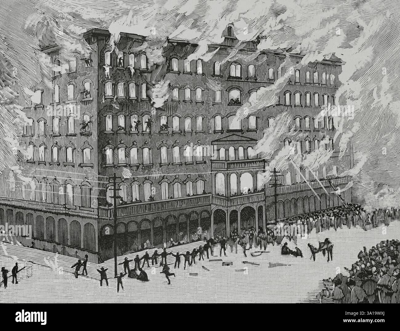 Milwaukee, Wisconsin, Stati Uniti. Newhall House Hotel Fire. Hotel costruito nel 1856 dal mercante Daniel Newhall. Nelle prime ore del 10 gennaio 1883, un incendio scoppiò nel pozzo dell'ascensore e corse verso l'alto attraverso l'intero edificio prima che gli ospiti potessero fuggire. Il registro dell'hotel è stato distrutto, quindi non si sa esattamente quante persone soggiornavano quella notte. Almeno settantasei corpi sono stati prelevati dai resti carbonizzati nei giorni successivi. Incisione. La Ilustración Española y americana (The Spanish and American Illustration), 1883. Foto Stock