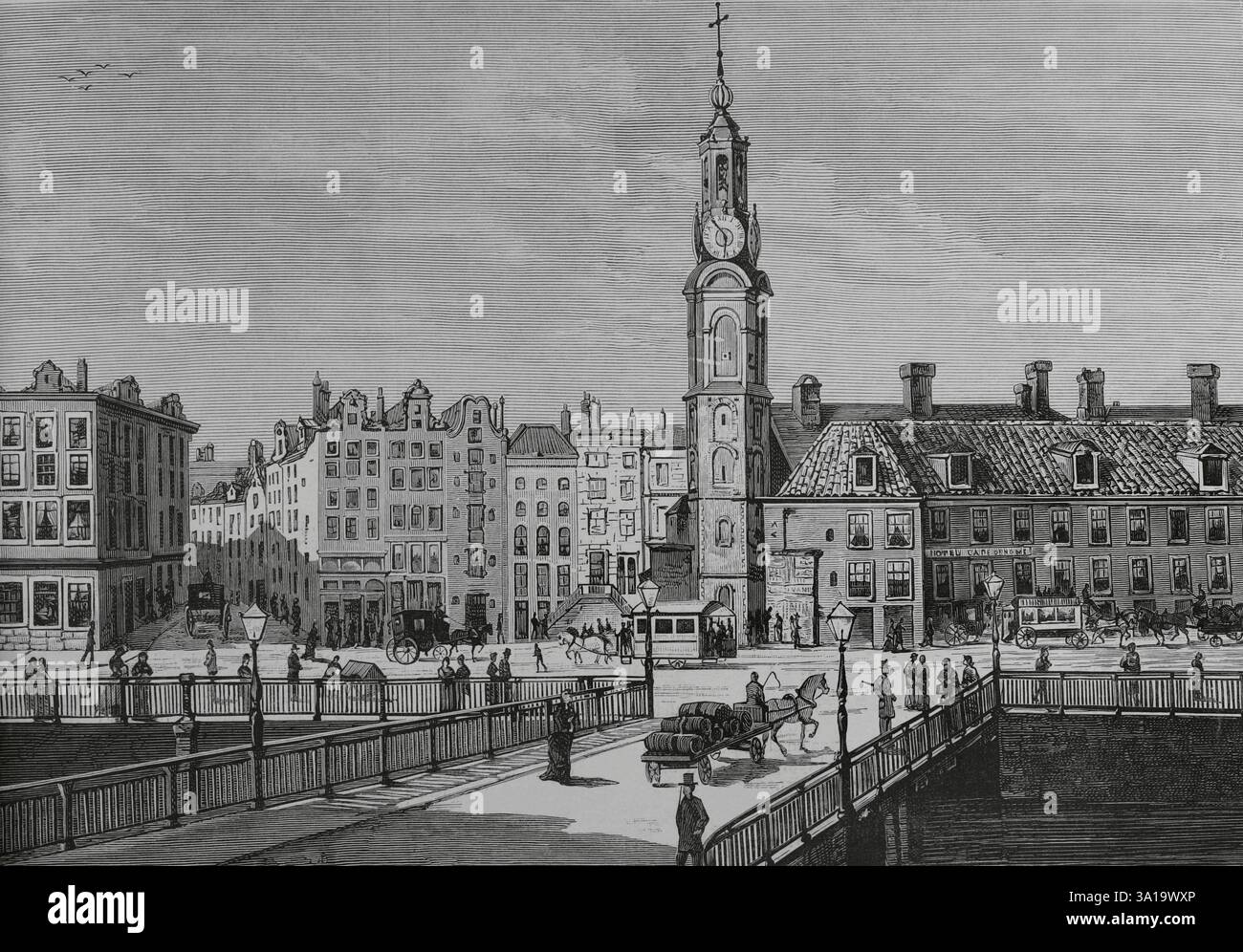 Amsterdam, Paesi Bassi. Vista su Piazza Sophia. Incisione. La Ilustración Española y americana (The Spanish and American Illustration), 1883. Foto Stock