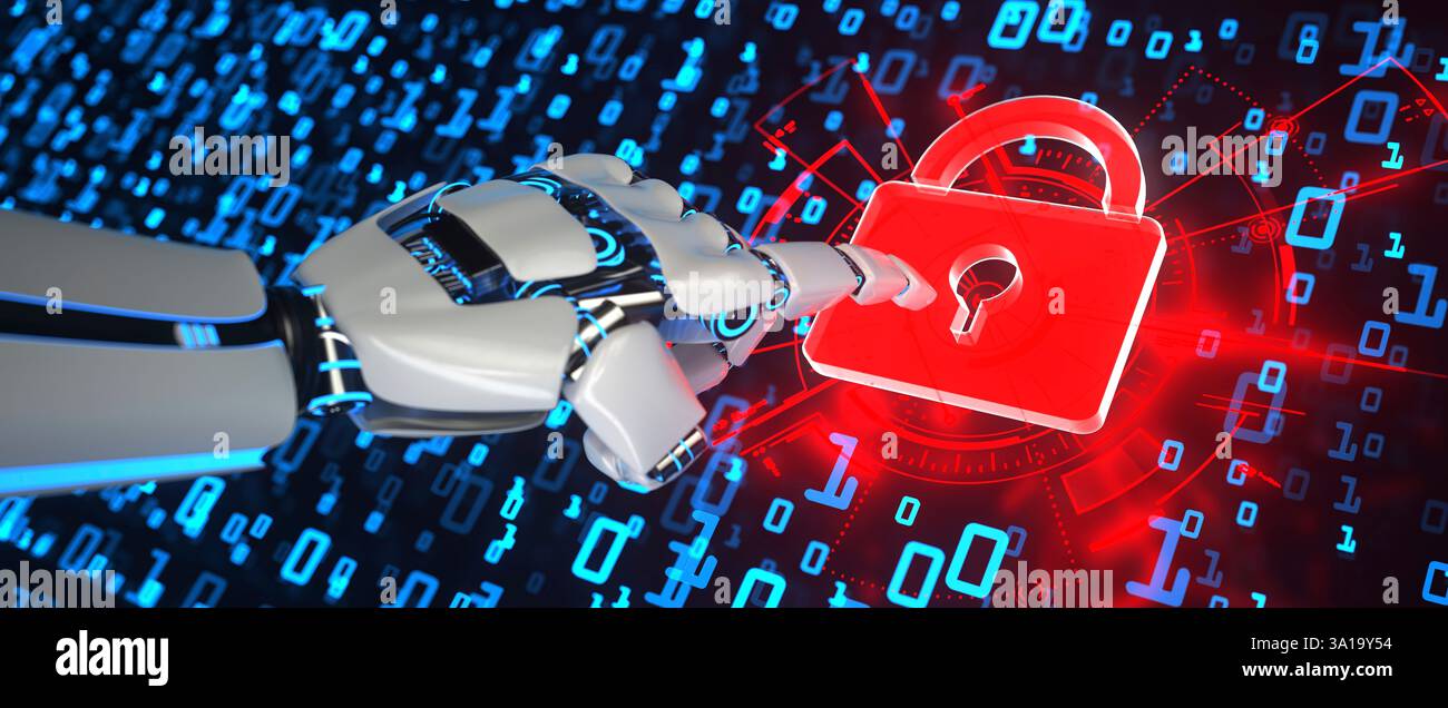 L'intelligenza artificiale garantisce la sicurezza della rete. illustrazione 3d. Foto Stock