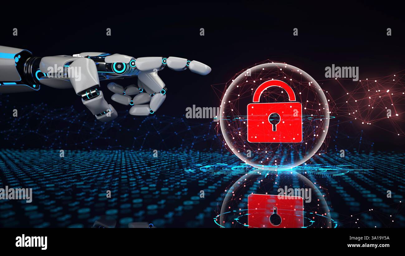 L'intelligenza artificiale garantisce la sicurezza della rete. illustrazione 3d. Foto Stock