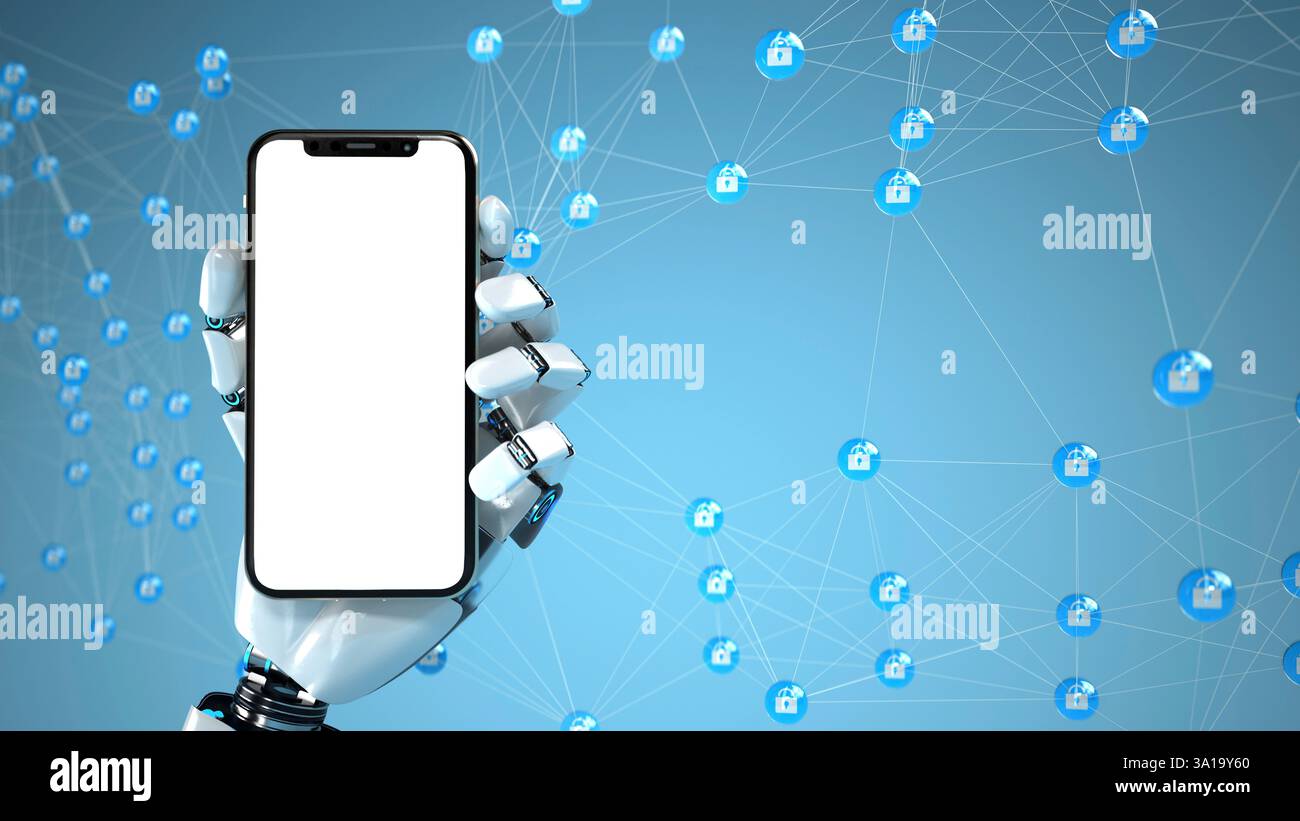 L'intelligenza artificiale garantisce la sicurezza della rete. illustrazione 3d. Foto Stock