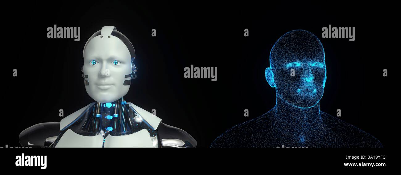 Sviluppo dell'intelligenza artificiale e della robotica. illustrazione 3d. Foto Stock