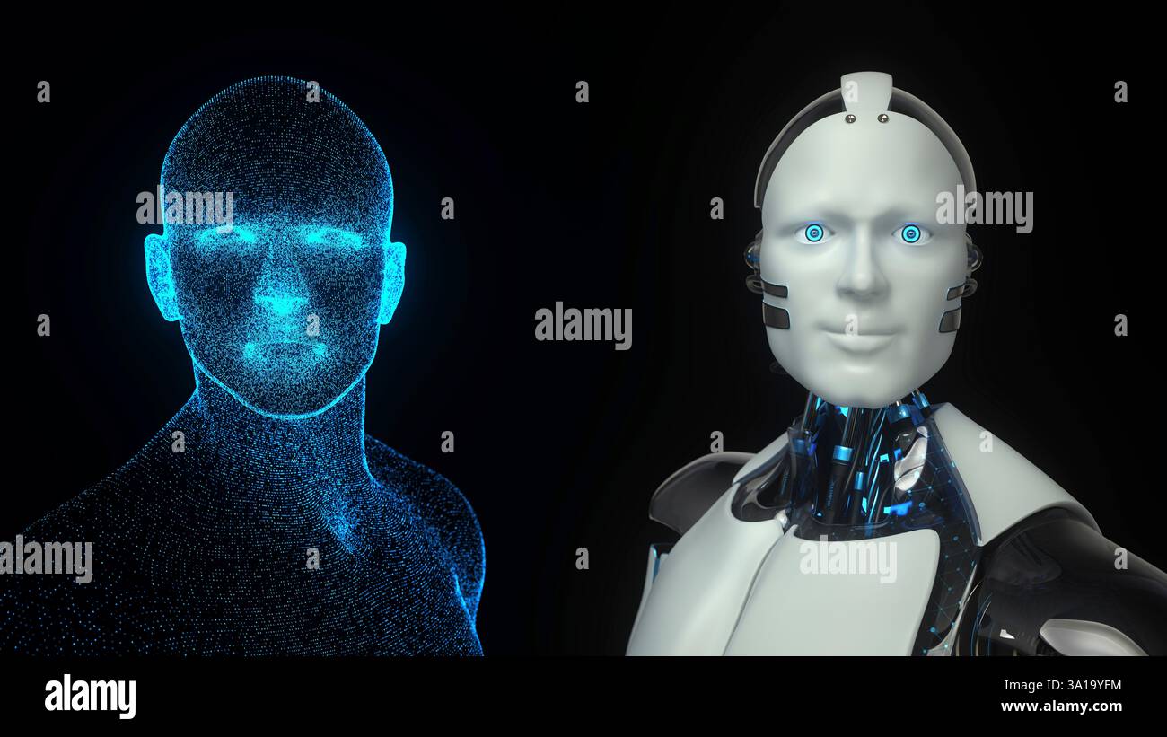 Sviluppo dell'intelligenza artificiale e della robotica. illustrazione 3d. Foto Stock