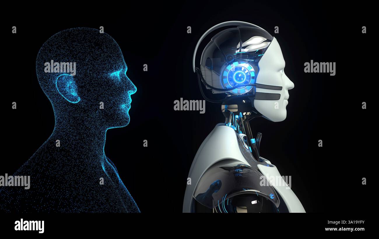 Sviluppo dell'intelligenza artificiale e della robotica. illustrazione 3d. Foto Stock