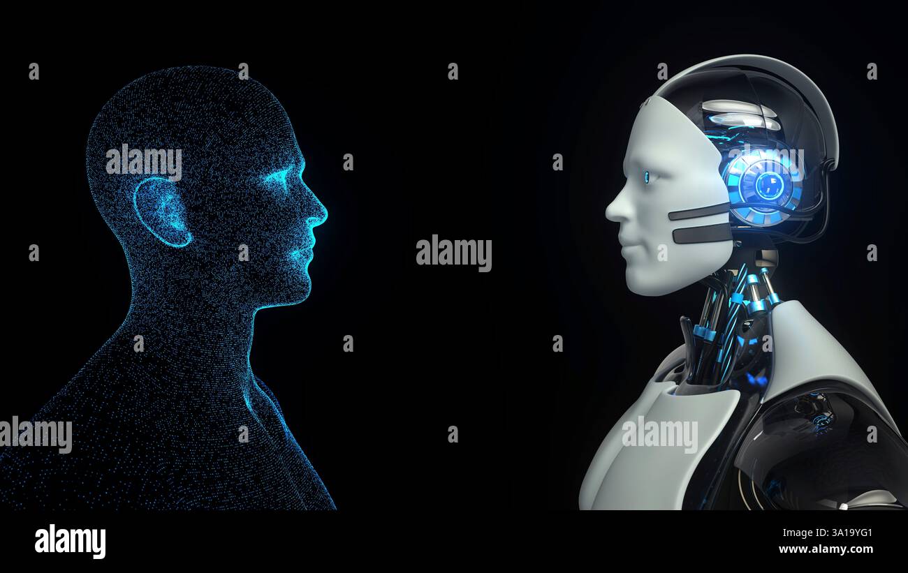 Sviluppo dell'intelligenza artificiale e della robotica. illustrazione 3d. Foto Stock