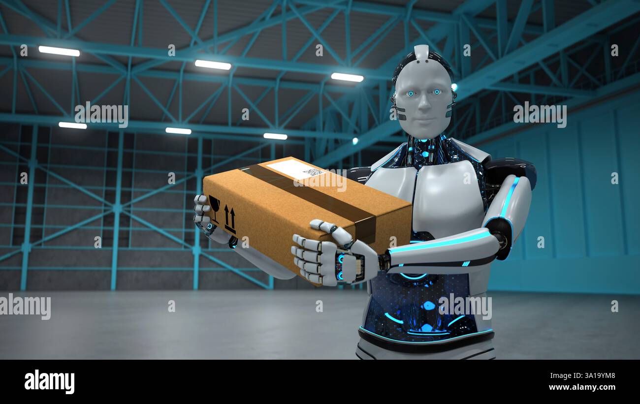 Il robot umanoide lavora in un magazzino di spedizione. illustrazione 3d. Foto Stock