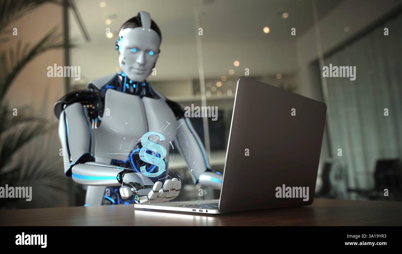 Il robot umanoide funziona come assistente in uno studio legale. illustrazione 3d. Foto Stock