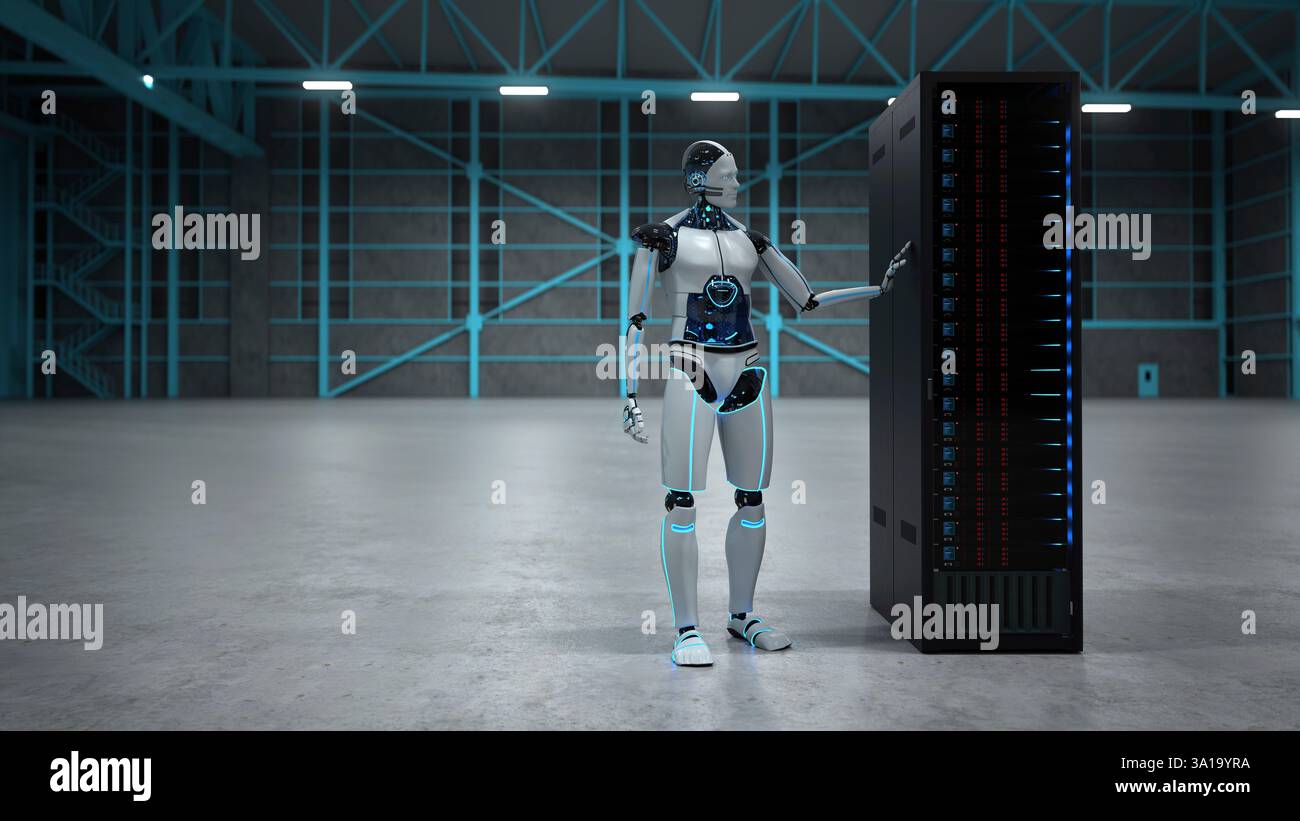 Robot umanoide con un server rack in una sala. 3d illustrazione. Foto Stock