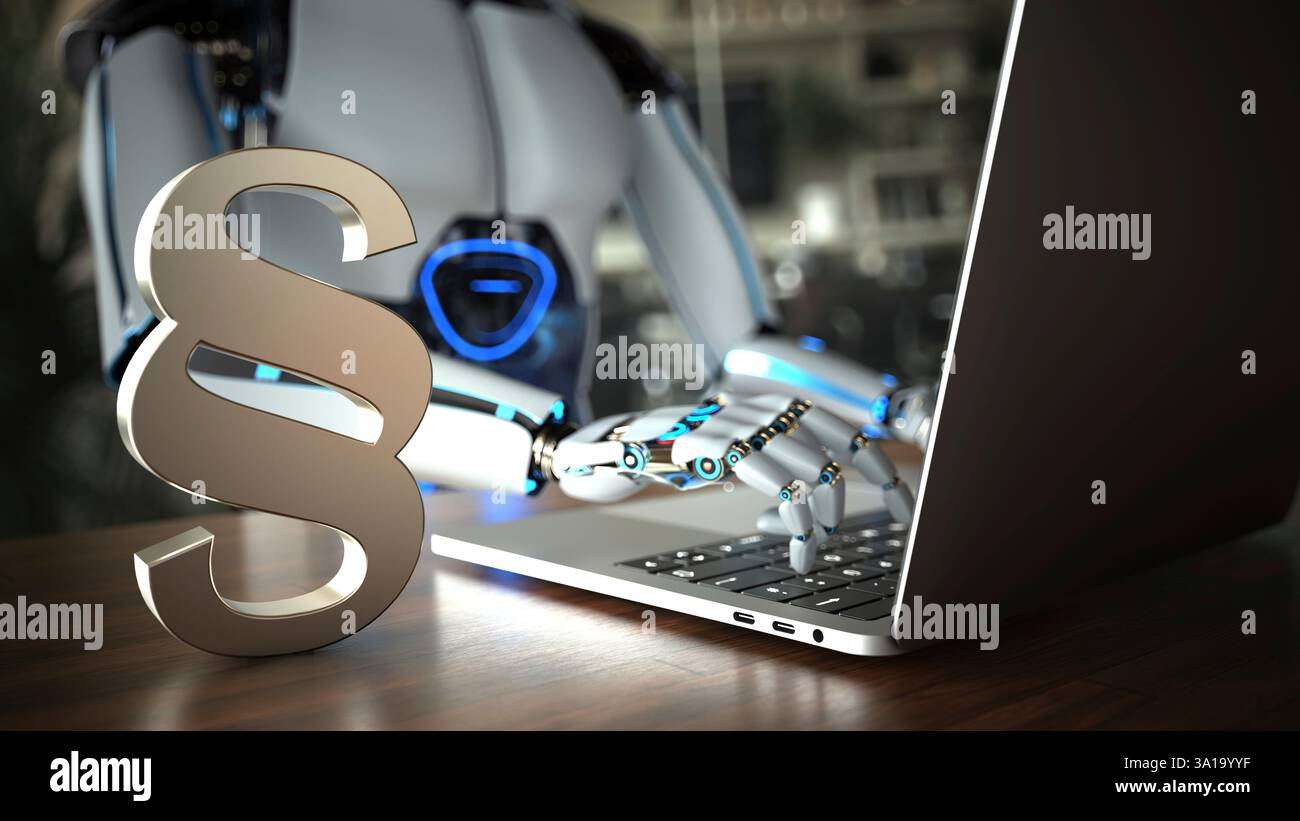 Il robot umanoide funziona come assistente in uno studio legale. illustrazione 3d. Foto Stock