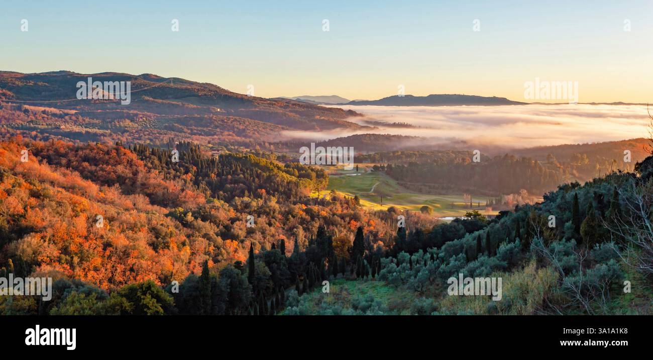 Splendida alba sulle dolci colline della campagna toscana, con uno strato di nebbia che copre la valle sottostante, creando un paesaggio sereno e pittoresco Foto Stock