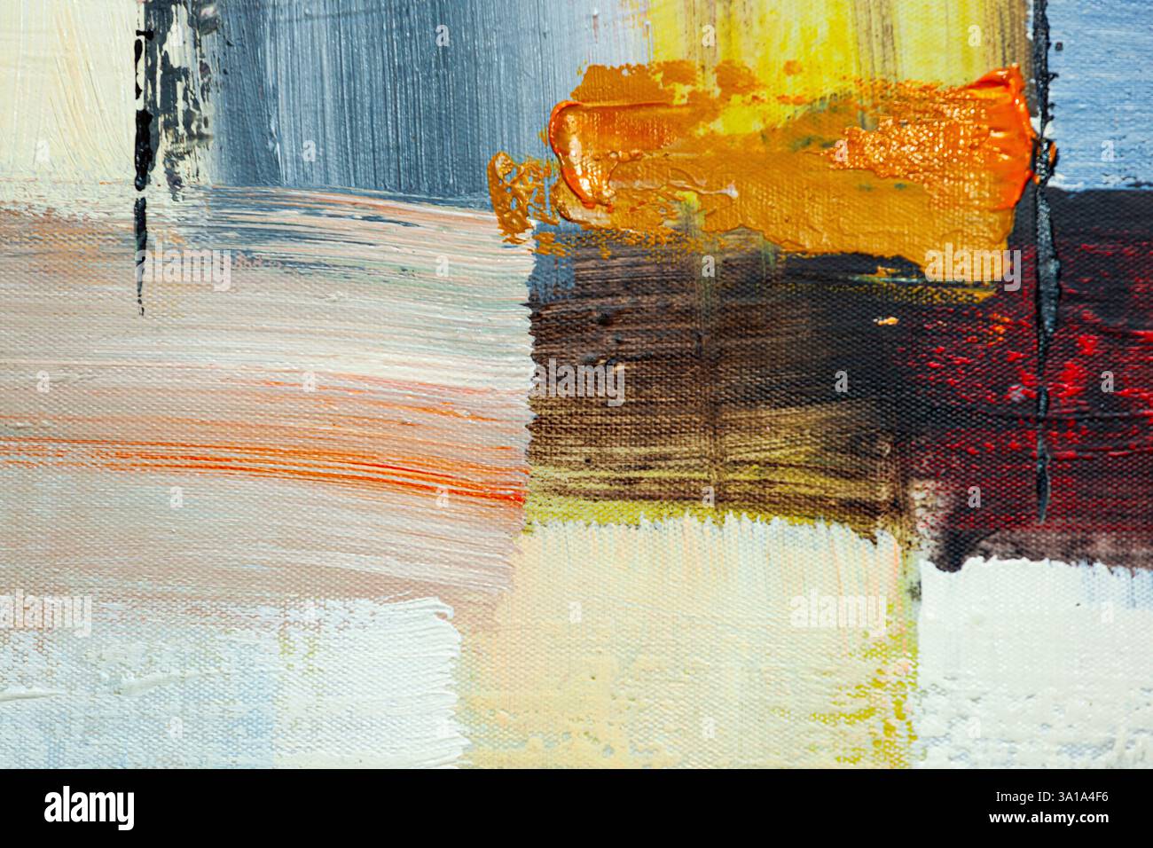 Dettaglio astratto delle vernici acriliche su tela. Sfondo artistico a rilievo di colore oro, rosso, nero e argento. Foto Stock