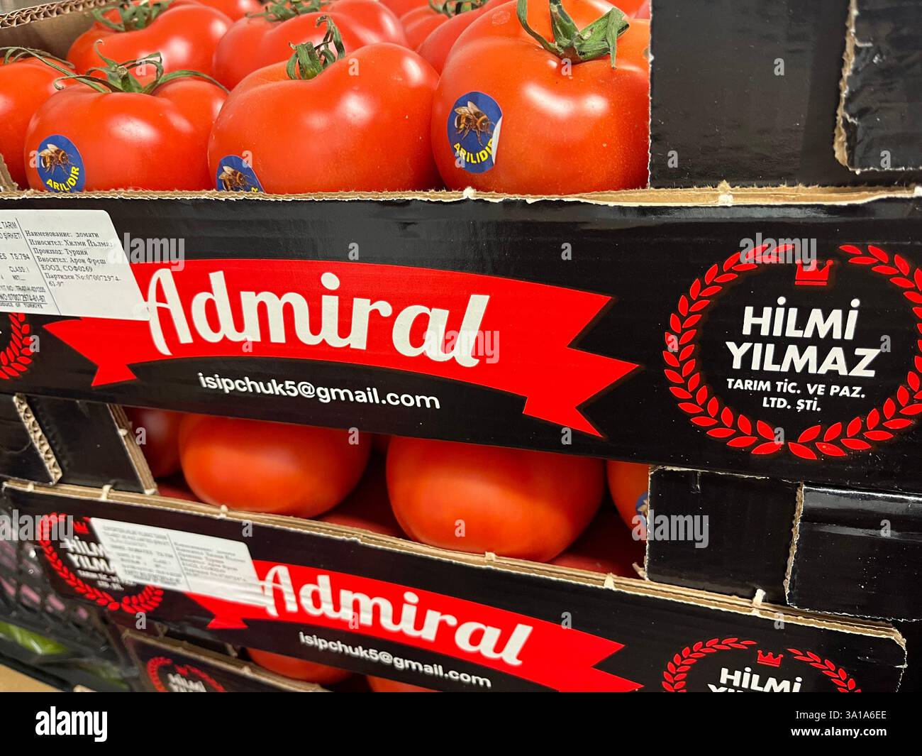 Pomodori, Admiral, tacchino, turco, verdure, magazzino, stoccaggio, produzione, Hilmi Yilmaz, logistica, stoccaggio, distribuzione, catena di approvvigionamento - Immagine stock catturata con smartphone