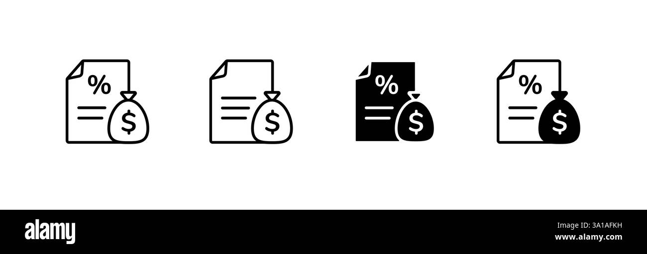 Set di icone Money and Percentage (denaro e percentuale) con documenti finanziari e simboli in dollari Illustrazione Vettoriale