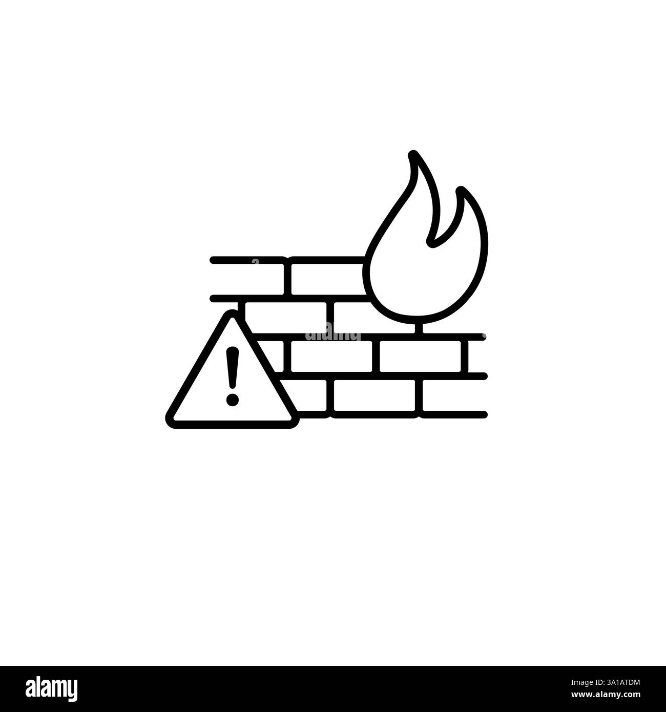 Icona di sicurezza firewall con muro di mattoni, fiamma e simbolo di avvertimento Illustrazione Vettoriale