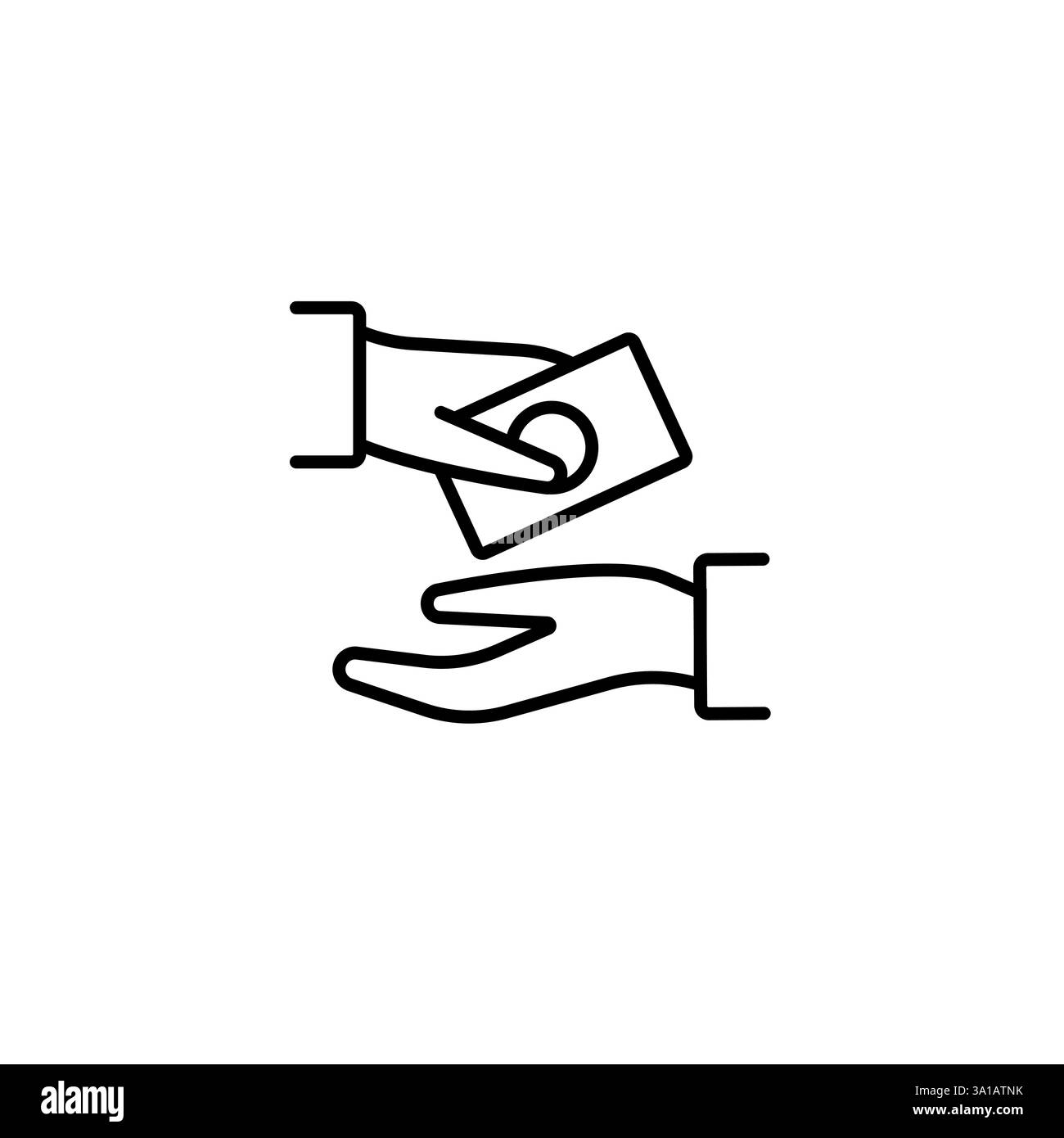 Mano che passa una carta a un'altra mano con un semplice design in bianco e nero che simboleggia la transazione Illustrazione Vettoriale