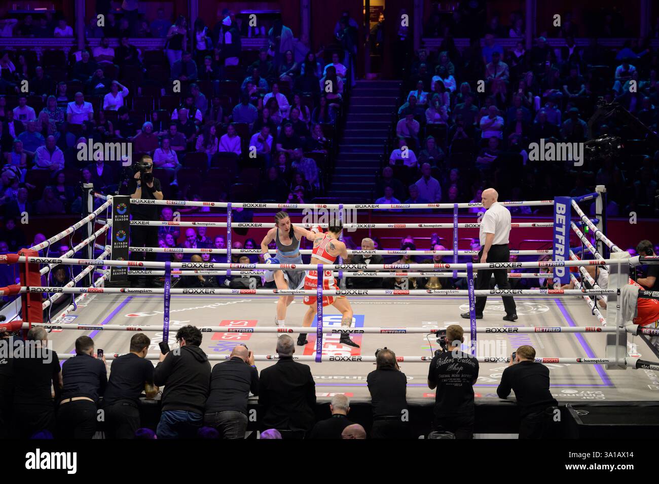 Royal Albert Hall, Londra 07 marzo 2025 azione durante il match per il titolo dei pesi mosca britannici tra Karriss Artingstall e Raven Chapman alla Royal Albert Hall di Londra, Inghilterra (Keeran Marquis/SPP) credito: SPP Sport Press Photo. /Alamy Live News Foto Stock