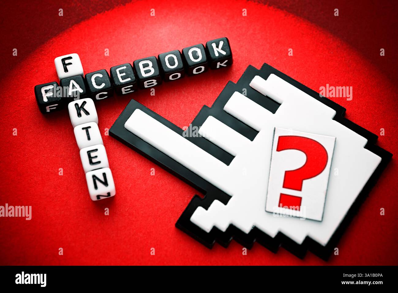 Le lettere cubo formano le parole Facebook e fatti con punti interrogativi, foto simbolica per l'eliminazione del controllo dei fatti su Facebook Foto Stock