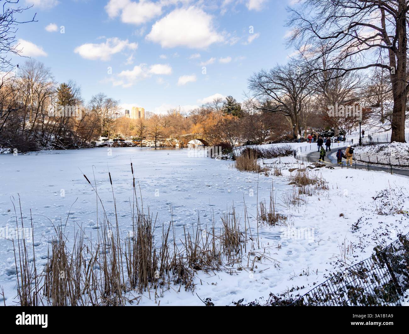 10/2/2025, New York, New York, Stati Uniti – Una pittoresca vista invernale del laghetto e del ponte Gapstow a Central Park con un laghetto coperto di neve in primo piano e. Foto Stock