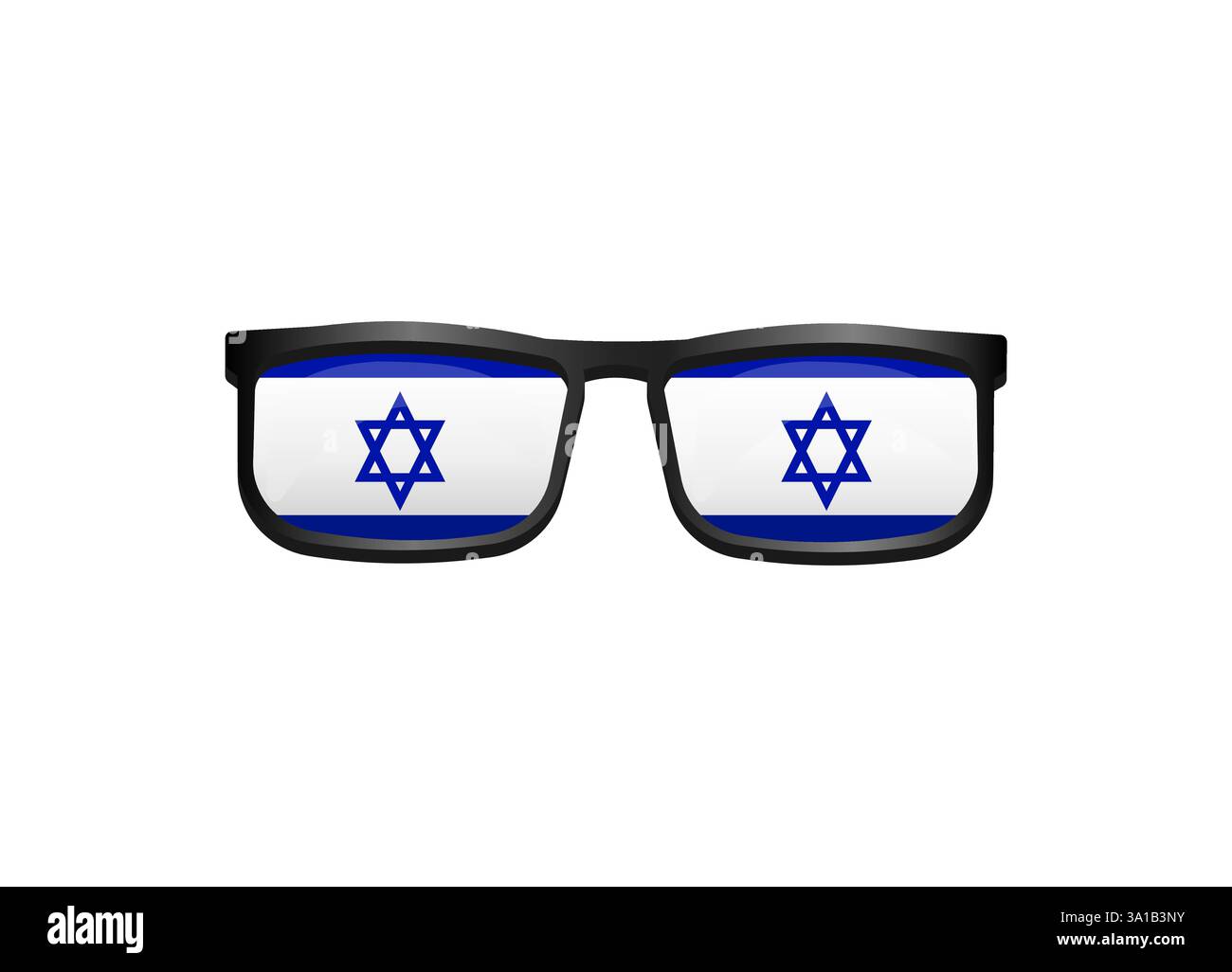 Occhiali con lenti con bandiera israeliana e stella blu di david su sfondo bianco Illustrazione Vettoriale