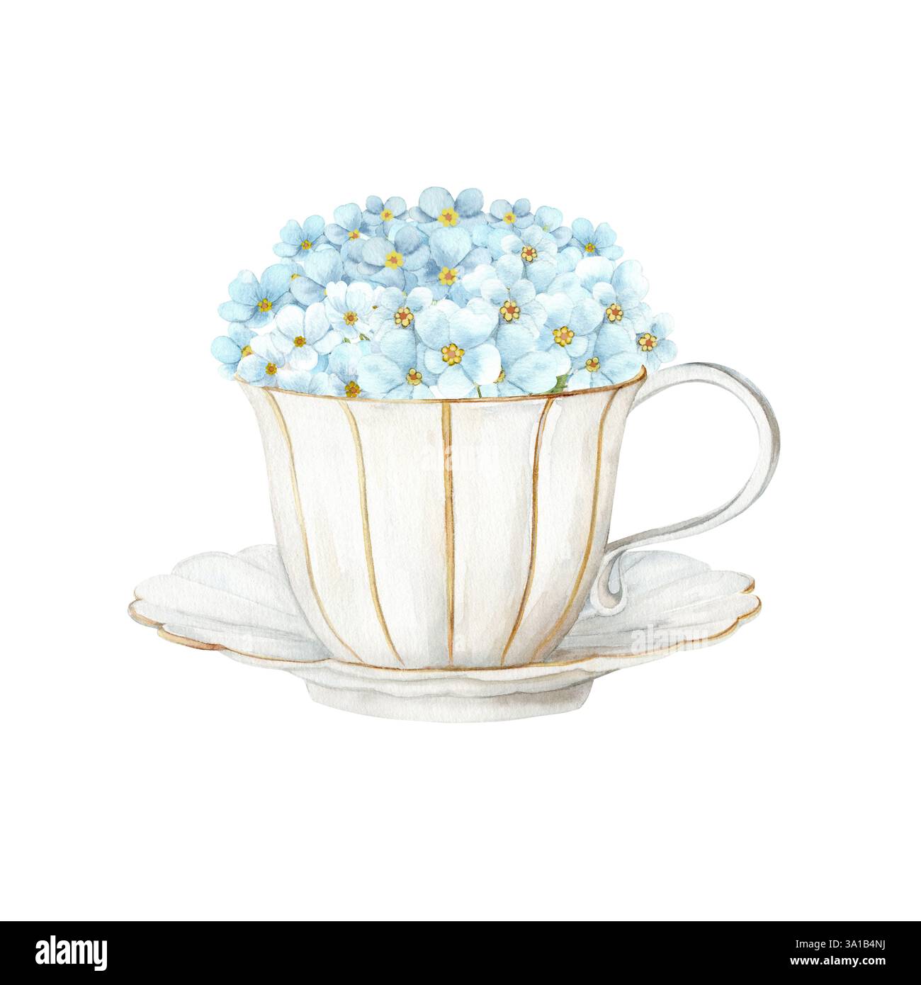 Tazza in porcellana bianca con motivo oro e nots blu su sfondo bianco. L'illustrazione è disegnata a mano in acquerello. Ideale per tessuti, imballaggi e design Foto Stock