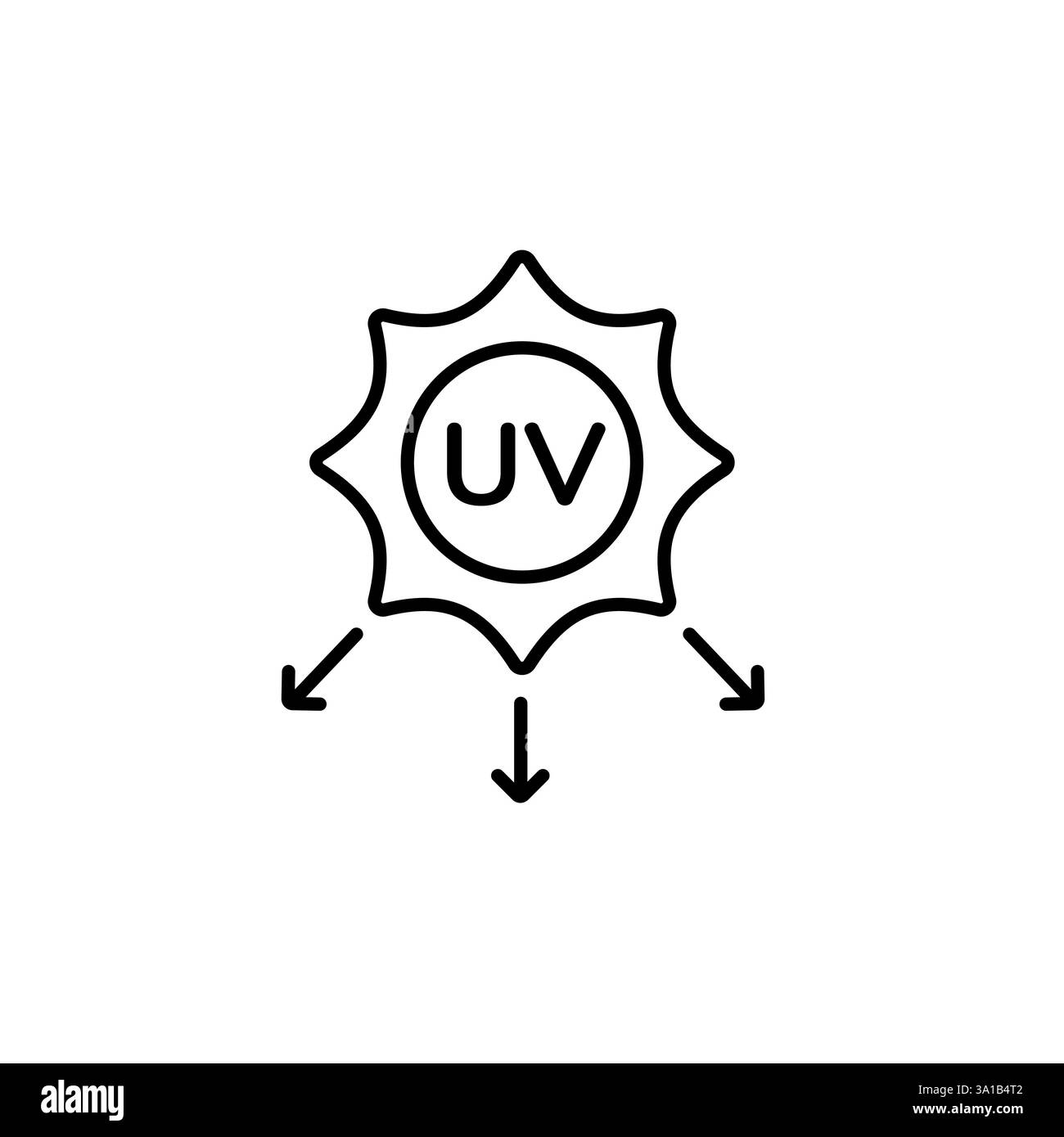 Simbolo di protezione dai raggi ultravioletti con frecce che indicano la luce uv in un semplice design con linea nera Illustrazione Vettoriale
