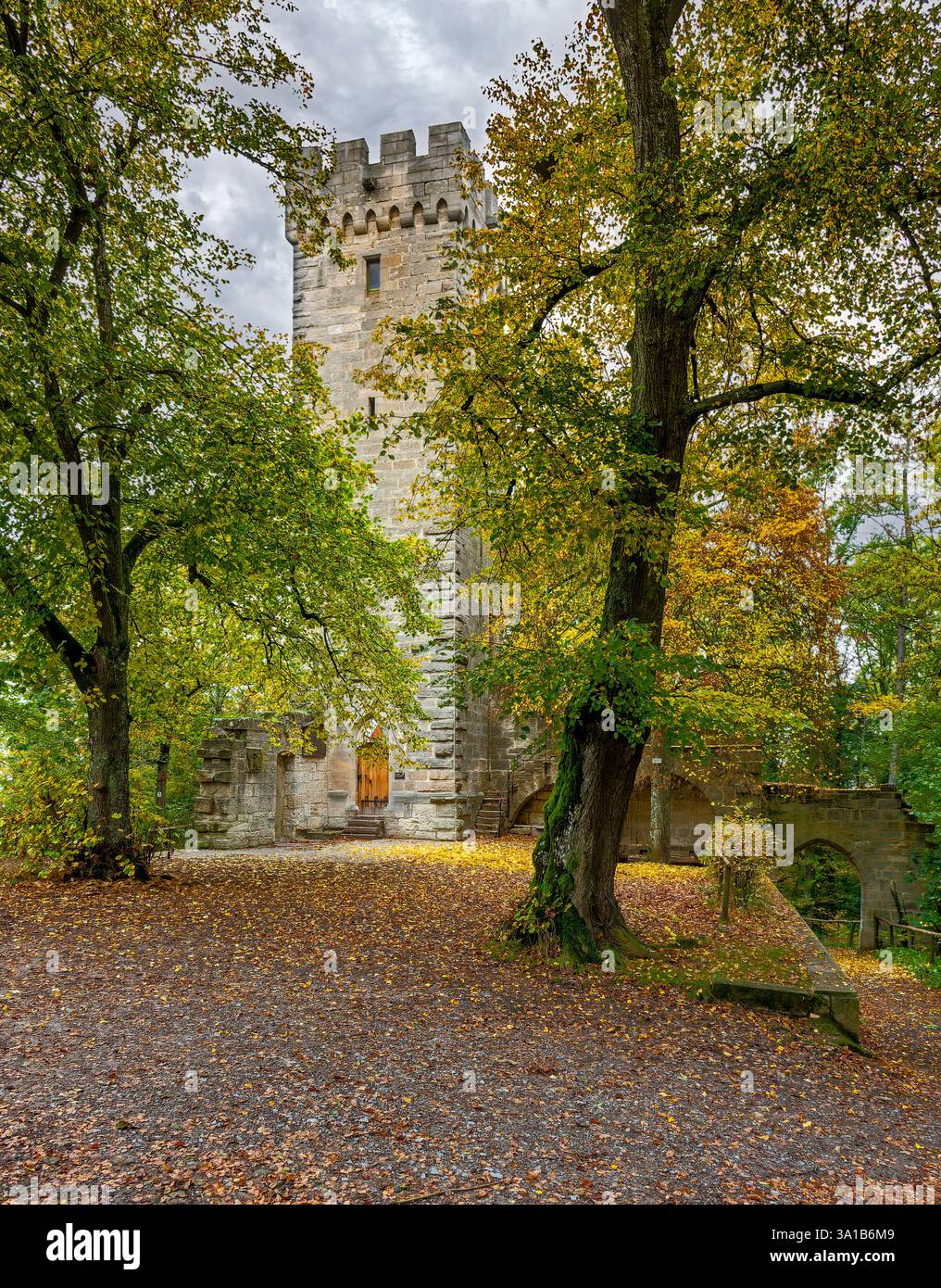 Rottenburg - Weiler, il Weilerburg è un castello medievale in rovina vicino al distretto di Rottenburg di Weiler. La torre di osservazione alta 24 metri e la porta del castello furono ricostruite nel 1873/74. Oggi, i terreni del castello sono una splendida destinazione turistica per famiglie con bambini. Rottenburg am Neckar fa parte della regione di Neckar-Alb ed è vicino a Tübingen e Stoccarda. Foto Stock