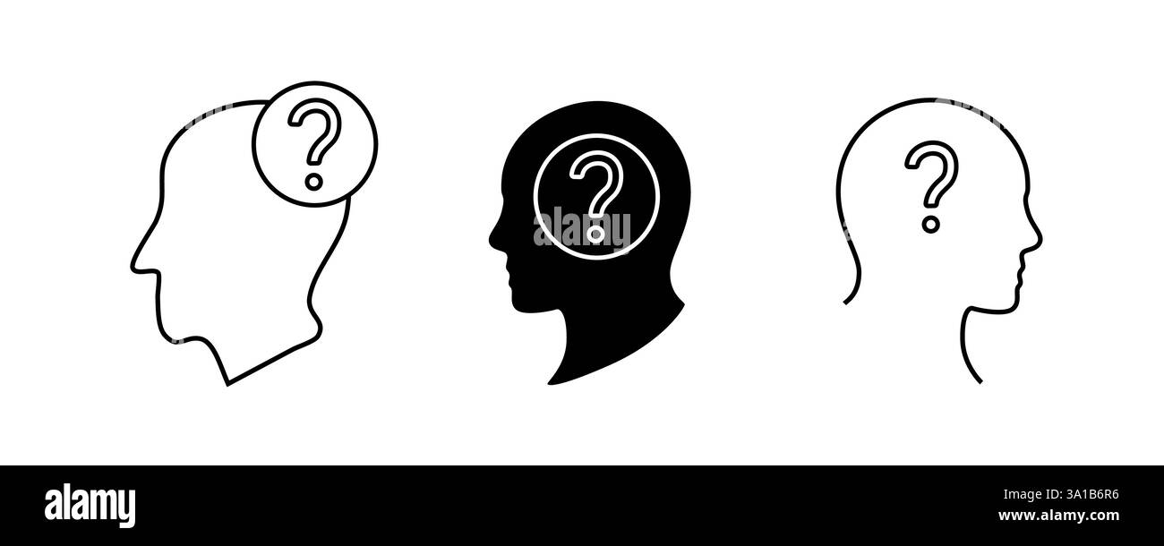 Tre silhouette con punti interrogativi che simboleggiano pensiero e incertezza Illustrazione Vettoriale Tre silhouette con punti interrogativi che simboleggiano pensiero e incertezza Illustrazione Vettoriale