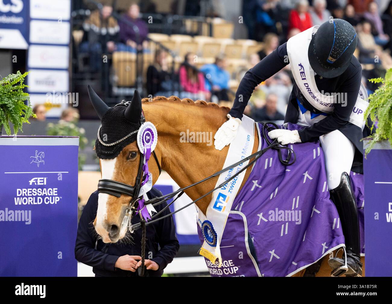 Dressage rider Nanna Skodborg Merrald (DEN) con il suo cavallo Blue Hors Zepter e assistente al FEI Dressage World CupTM Grand Prix Freestyle, presentato da VR Bank zwischen den Meeren, No. 4 CDI-W FEI Grand Prix Freestyle con musica dressage classe test S**** International Foto Stock