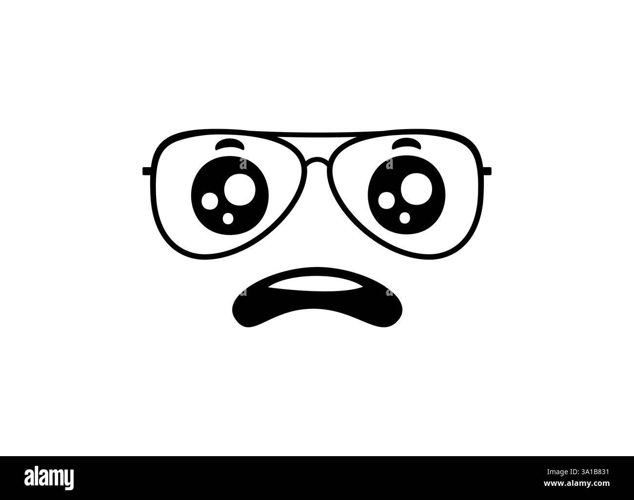 Simpatico volto da cartoni animati con grandi occhiali e un'illustrazione in bianco e nero dall'aspetto sorpreso Illustrazione Vettoriale