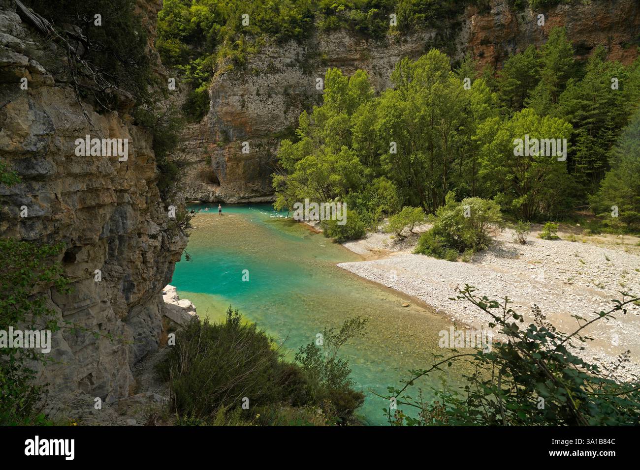 Il fiume Ara nei Pirenei spagnoli vicino ad Ainsa, Spagna, Europa Foto Stock
