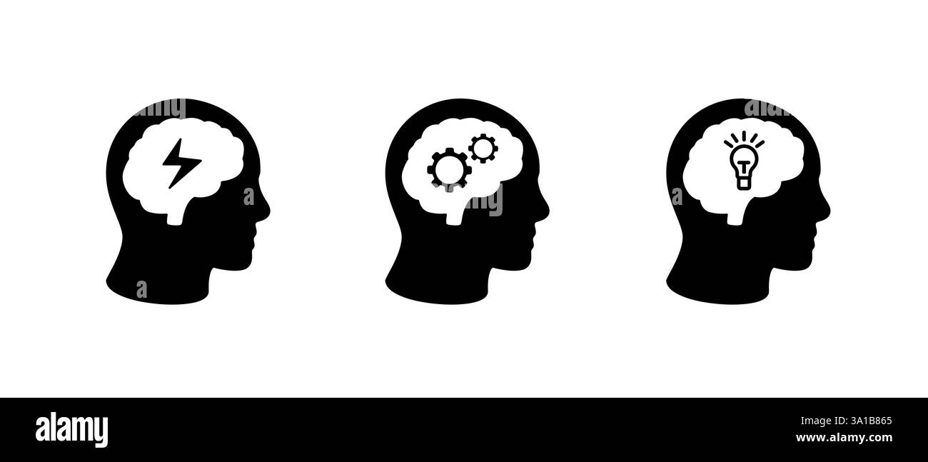 Le teste umane con icone cerebrali mostrano segni di pensiero creativo e risoluzione dei problemi Illustrazione Vettoriale