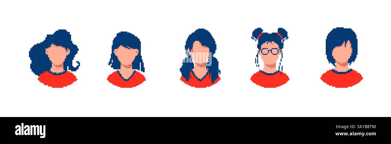 Cinque volti di cartoni animati in stile pixel art con diverse acconciature e caratteristiche Illustrazione Vettoriale
