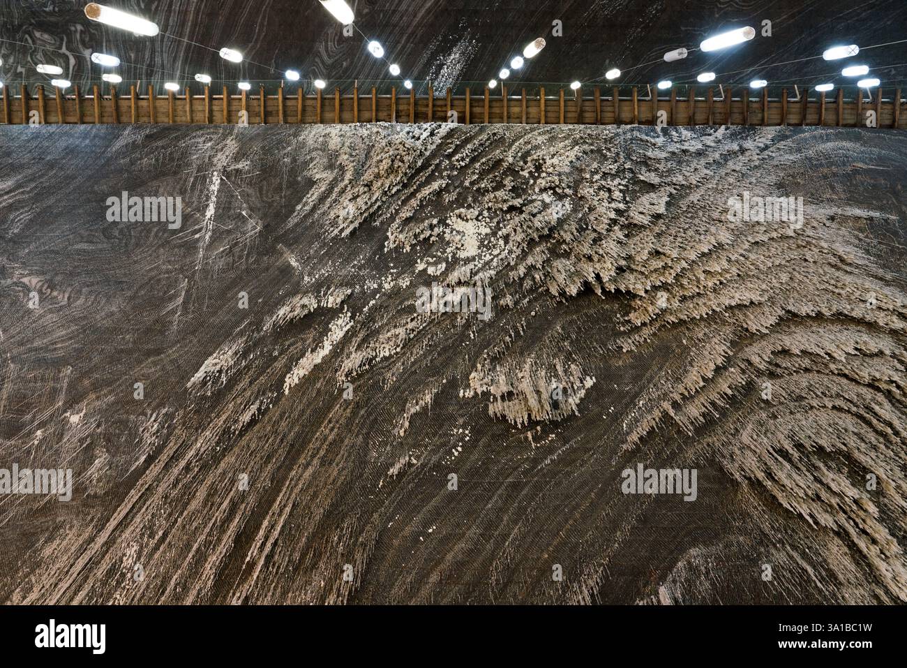 Formazioni saline nella miniera di sale di Turda. Cristallizzazione sulle pareti della miniera. Meraviglia geologica. Foto Stock