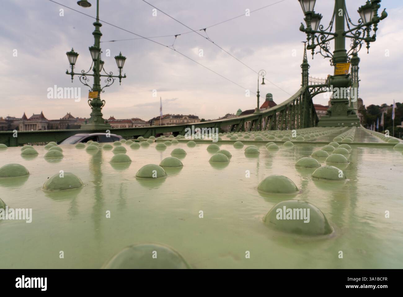 Primo piano della superficie verde e costellata del Ponte Margherita a Budapest, Ungheria. Gli edifici cittadini sono visibili sullo sfondo. Foto Stock