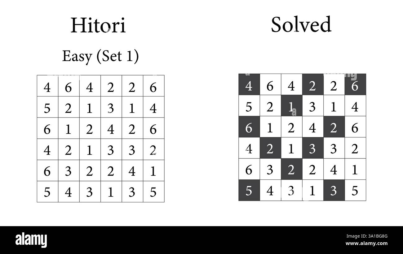 Hitori Puzzle Set 1 Easy, gioco di logica numerica giapponese per bambini, ragazzi e adulti Illustrazione Vettoriale