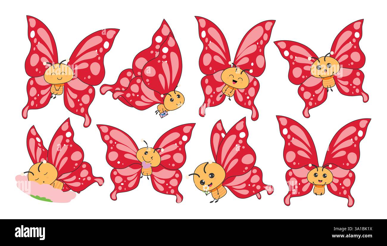 Set di disegni clipart a farfalla rossa. Simpatiche farfalle 2d con clip art in Happy, Funny, enjoy, Flying and Sleeping, splendido schizzo della collezione di insetti Illustrazione Vettoriale