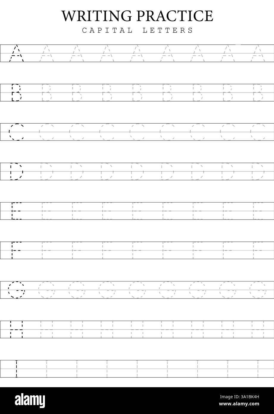 Lettere maiuscole Tracing 1 modello A to i per bambini, scheda pratica di scrittura alfabetica vettore semplice Illustrazione Vettoriale