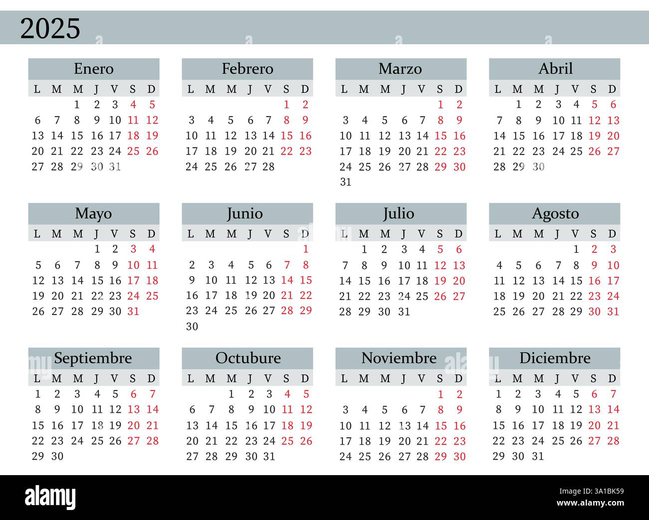 Vettore calendario annuale 2025 in spagnolo, inizio lunedì, progettazione pulita, modello stampabile Illustrazione Vettoriale
