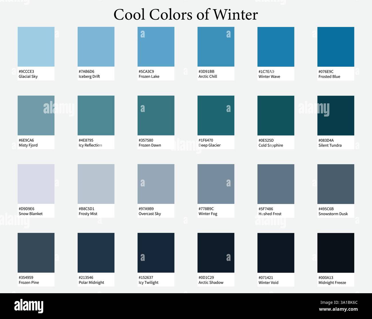 Tavolozze dei colori 24 tonalità fredde dell'inverno - blu, viola, colori profondi - con codici e nomi ESADECIMALI, schema dei colori e combinazioni Illustrazione Vettoriale