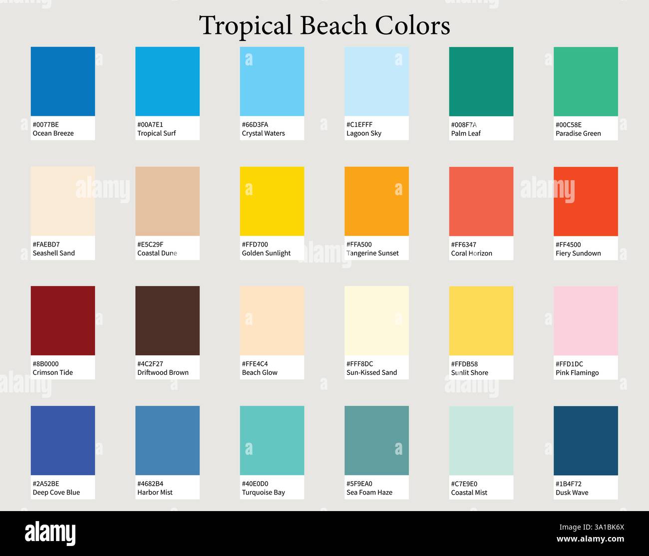 Tavolozze dei colori 24 colori di Tropical Beach - Cool, Warm, Neutral, Bright Colors - con codici e nomi ESADECIMALI, schema dei colori e combinazioni Illustrazione Vettoriale