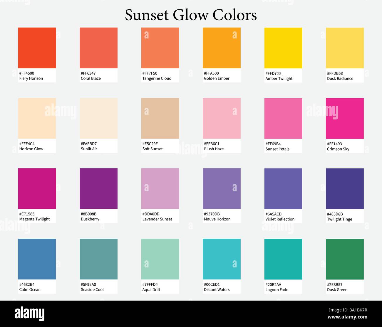 Tavolozze dei colori 24 colori caldi di Sunset Glow - morbido, pastello, radiante, luminoso - con codici e nomi ESADECIMALI, schema dei colori e combinazioni Illustrazione Vettoriale