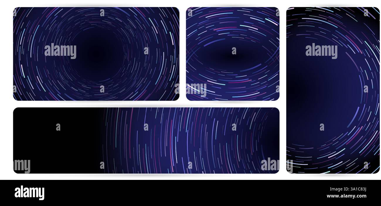 un set di quattro striscioni a strisce radiali linee futuristiche con sfondo blu e una luce viola con spazio per testo e modelli di biglietti da visita Illustrazione Vettoriale