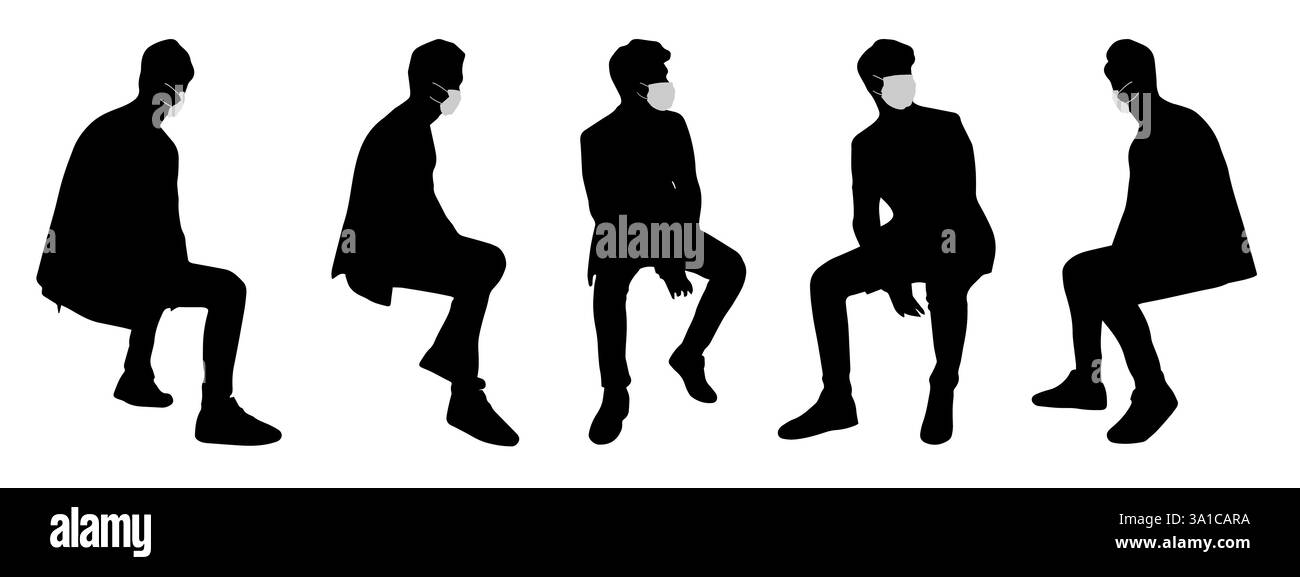 Concetto di vettore sagoma concettuale uomini che parlano mentre distanziano sociale come mezzo di prevenzione e protezione contro la contaminazione da coronavirus Illustrazione Vettoriale