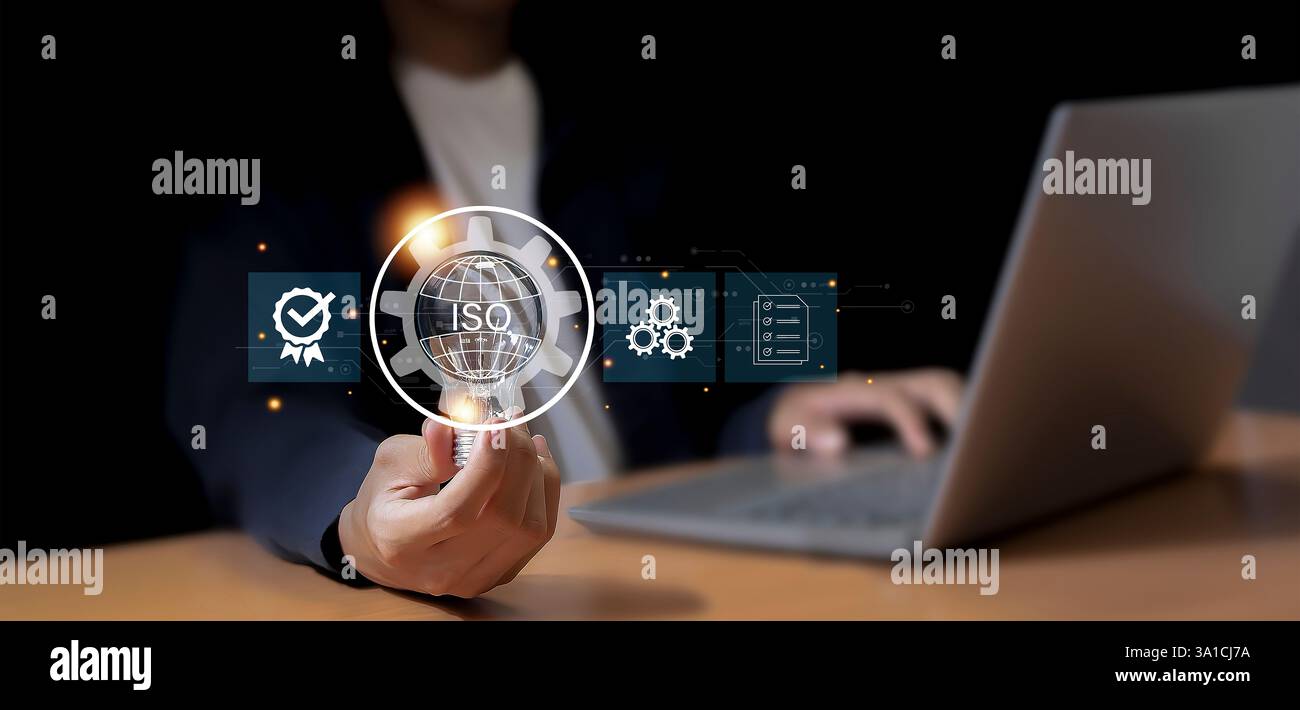 Certificazione e standard certificazione ISO, standard internazionali, concetto di garanzia della qualità Foto Stock