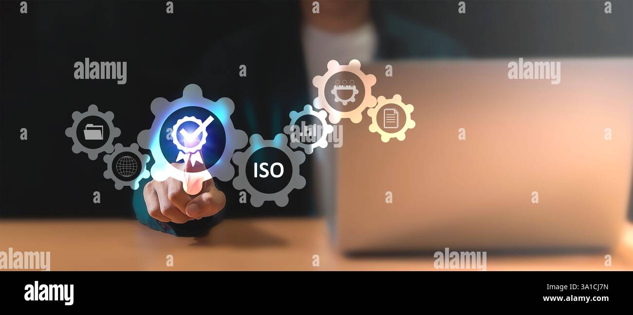 Certificazione e standard certificazione ISO, standard internazionali, concetto di garanzia della qualità Foto Stock