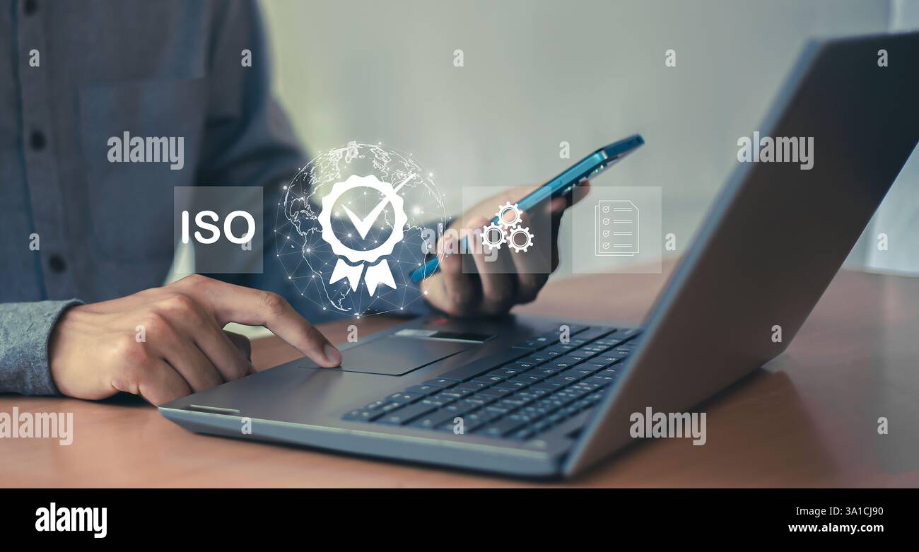 Certificazione e standard certificazione ISO, standard internazionali, concetto di garanzia della qualità Foto Stock