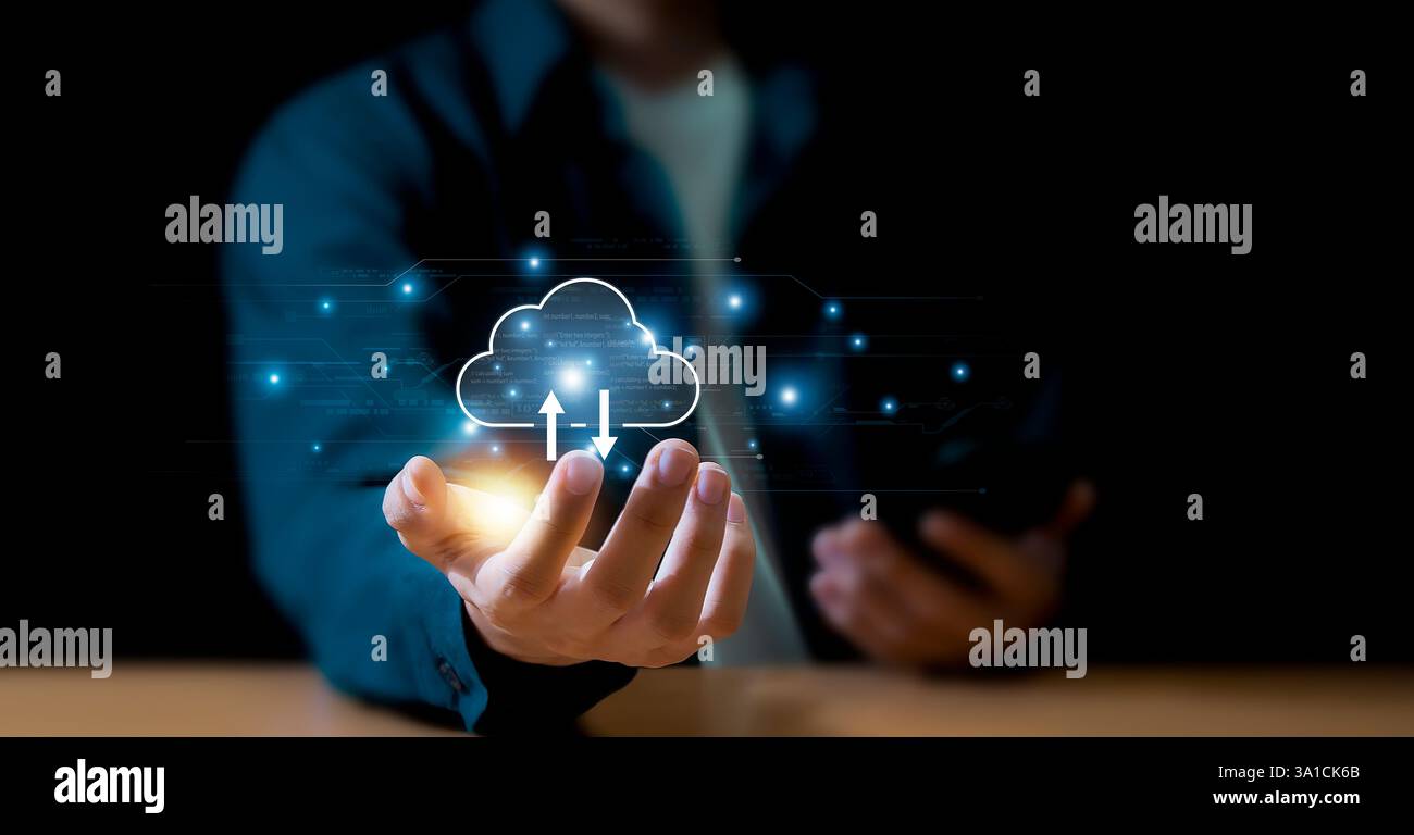 Cloud computing tecnologia cloud storage dati trasferimento dati concetti di rete e servizi Internet Foto Stock