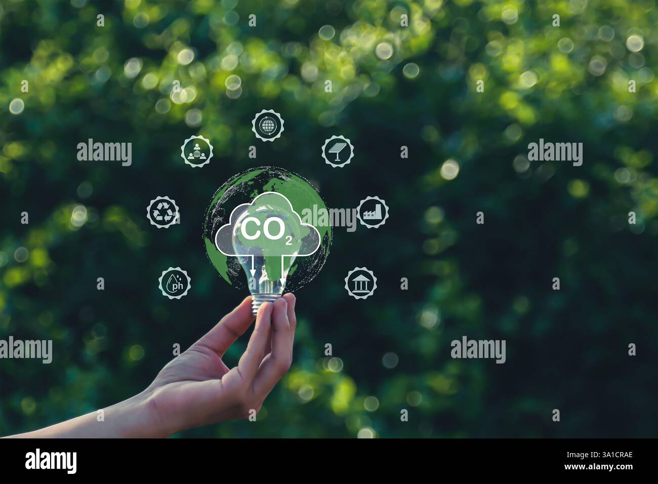 Il concetto di emissioni zero di carbonio riduce le emissioni di CO2, riducendo il riscaldamento globale. Obiettivo di zero emissioni nette di carbonio 2050 Foto Stock