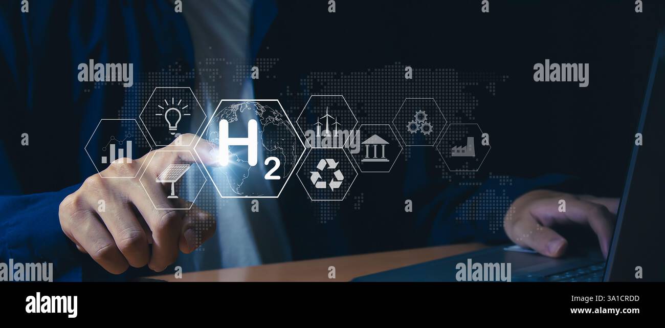 H2 Clean Energy, Environmental friendly Energy Solutions riduce le emissioni di gas serra concetto di energia pulita a idrogeno Foto Stock
