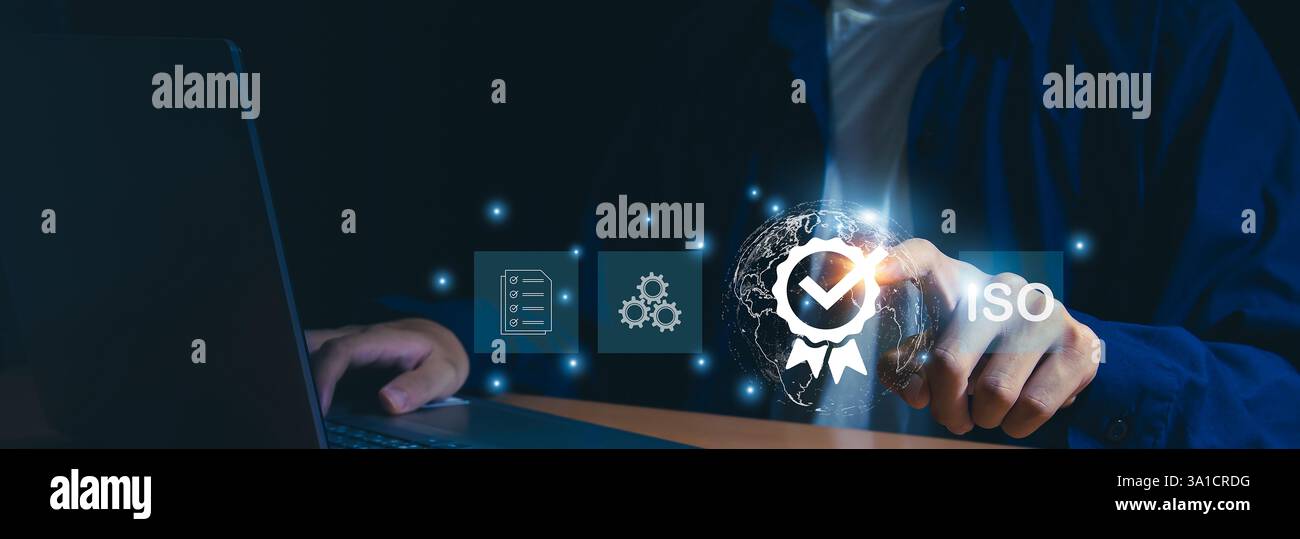 Certificazione e standard certificazione ISO, standard internazionali, concetto di garanzia della qualità Foto Stock